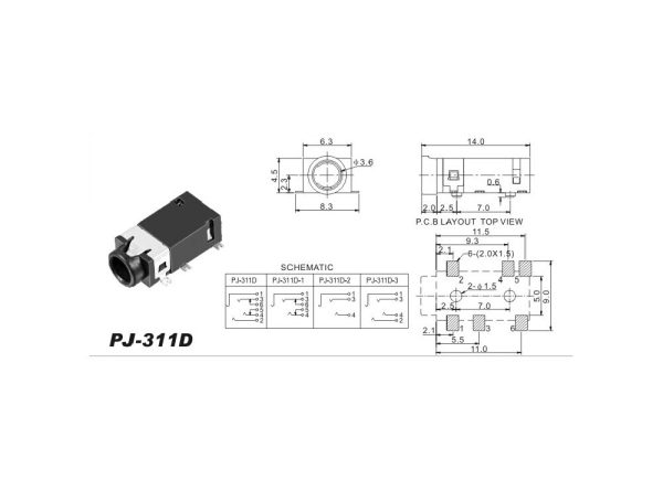 جک هدفن 3.5mm 6Pin مدل PJ311D SMD